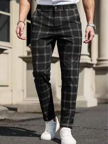 Men's Plaid Casual Pants, Slim Fit 9 Minute Pants, Fashion Casual, Outdoor Commute, Daily Home Wear - Black - View 3