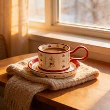 Mushroom & Cherry Countryside Style Cute Ceramic Coffee Cup & Saucer Set, High-Quality Couple Cups, Wedding/Home Gift, Tea/Coffee Mug - Red - View 7