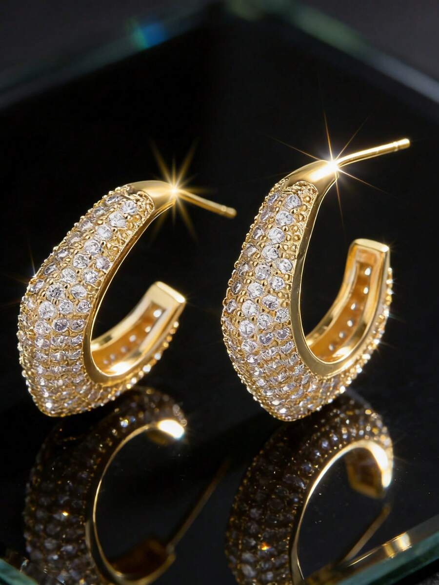 女士时尚金色C形耳环，镶满水钻的铜质耳环，奢华派对首饰 - 金色 - 查看 1