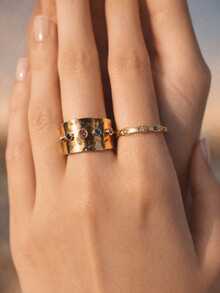 18K Gold Plated Stainless Steel Waterproof Adjustable Open Ring For Women, Hammered Wide Band Statement Ring With Multicolor Rhinestone Crystals, Tarnish-Free Hypoallergenic Jewelry - Open Ring - View 3