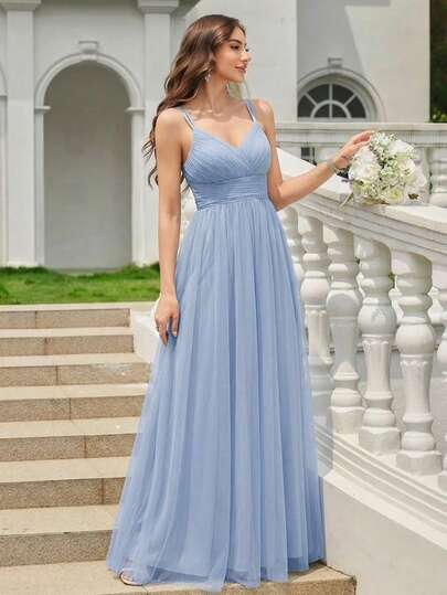 EVERPRETTY Elegant Criss-Cross Backless Lace Contrast Mesh Light Blue Bridesmaid Dress, Spring Summer Dresses Semi-Formal, Suitable For Weddings, Vacations, Birthdays, Graduations And Other Occasions