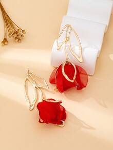Pendientes de mujer de moda, pendientes grandes exagerados con flores de rosa de estilo bohemio, regalo de joyería para el Día de San Valentín - Rojo - Ver 5