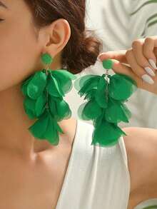 1 Pair Handmade Green Fabric Flower Tassel Earrings, Exaggerated Fashion Jewelry, Suitable For Party, Prom, Beach Vacation - Mauve Purple - View 1