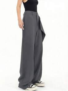Pantalones anchos de traje para mujer, pantalones sueltos negros, pantalones rectos asimétricos, pantalones casuales delgados y elegantes para primavera/verano - Gris - Ver 5