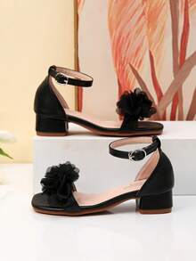Summer Square Toe Square Heel Floral Decor Sandals, Girls High Heel Dance Shoes, Student Performance & Daily Activity Sandals - Black - View 8
