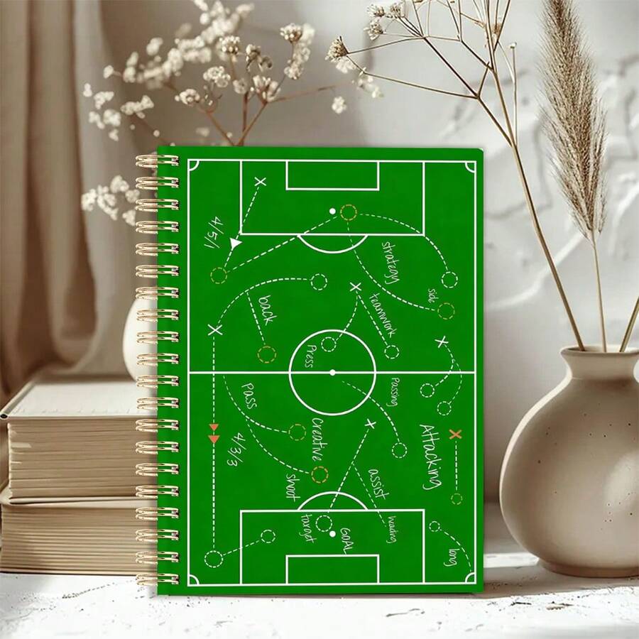 A5 Soccer Field Spiral Notebook, Green Field Pattern Cover, Classic Football Pitch Design, Perfect Gift For Soccer Fans - A5 - View 1