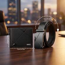 男士PU皮钱包腰带套装，多卡位大容量卡包，耐用百搭腰带，商务休闲日常穿搭，实用高端礼物，适合送给丈夫、男友、父亲，简约黑色 - 黑色 - 查看 4