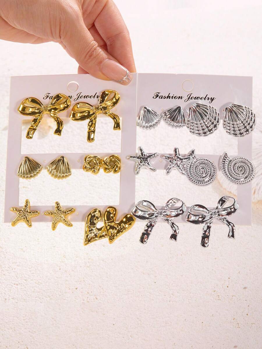 女士厚金几何纹理耳环套装，时尚简约海洋风耳钉，夏季海滩度假礼物，配饰 - 彩色 - 查看 1