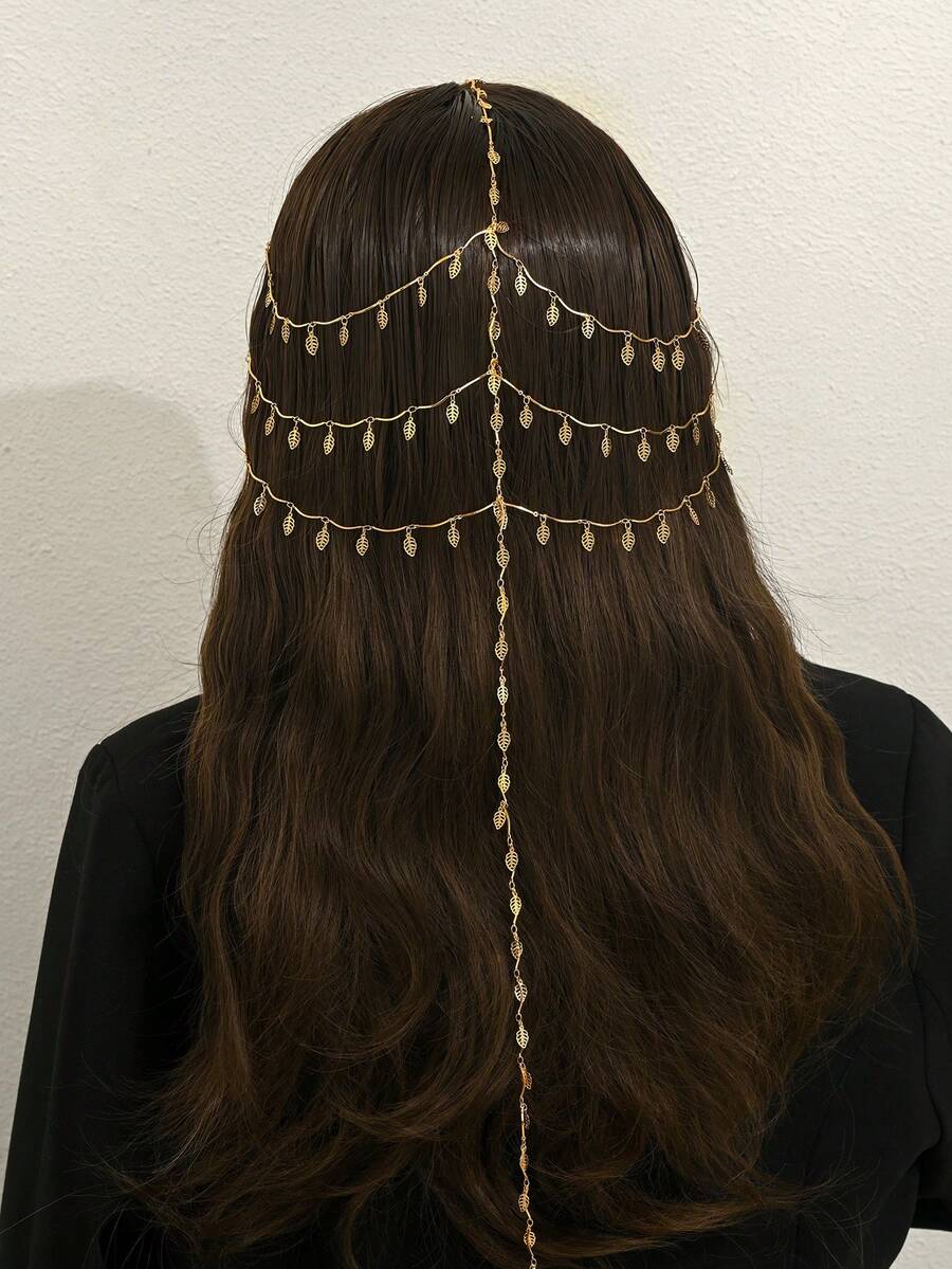 1pc Bohemian Style Copper Plated Gold Multi-Layer Tassel Headpiece, Elegant Bridal/Party Hair Accessory For Women - Golden - View 1