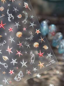 1片夏季深海海星贝壳美甲贴纸，美甲师必备，5D立体浮雕炫彩海星贝壳珊瑚美甲装饰设计，自粘式美甲贴纸，DIY美甲，女士美甲配饰礼品，海洋透明风格美甲贴纸 - 彩色 - 查看 6
