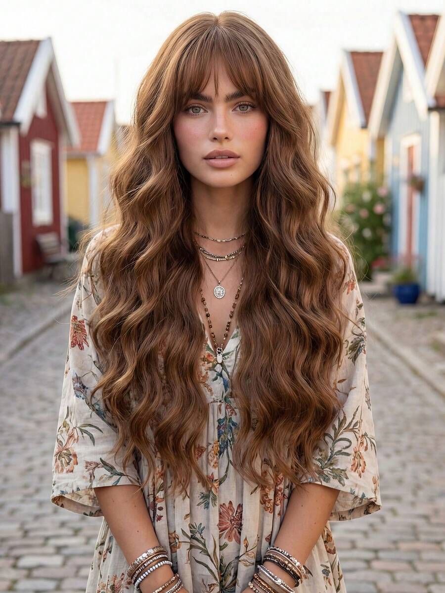 28英寸棕色波浪假发，女士款 - 带刘海，优质合成材料，可调节帽围 | 日常/派对造型 - 彩色 - 查看 1