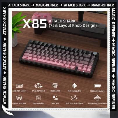 ATTACK SHARK X85 3-Mode 75% Mechanical Keyboard | Hot-Swappable White Jade Switches | Gasket-Mounted RGB Backlight With Volume Knob, Compatible With Windows/Mac