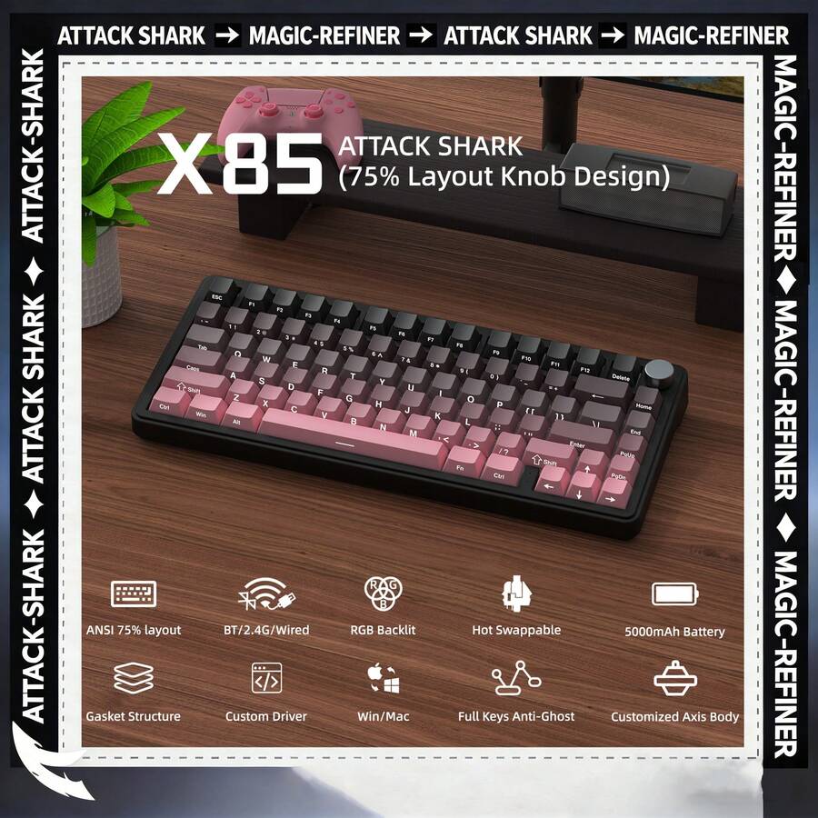 ATTACK SHARK X85 3-Mode 75% Mechanical Keyboard | Hot-Swappable White Jade Switches | Gasket-Mounted RGB Backlight With Volume Knob, Compatible With Windows/Mac - View 1