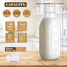 Paquete de 4 botellas de leche de vidrio de 32 onzas con bolsa de leche de nuez y 2 boquillas de vertido y 2 tapas herméticas y cepillo para polvo frascos de bebida de 1 cuarto de galón - Transparente - Ver 3