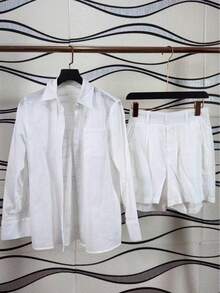 Linen Shirt And Shorts Set (2 Pieces) - White With Pockets - View 1