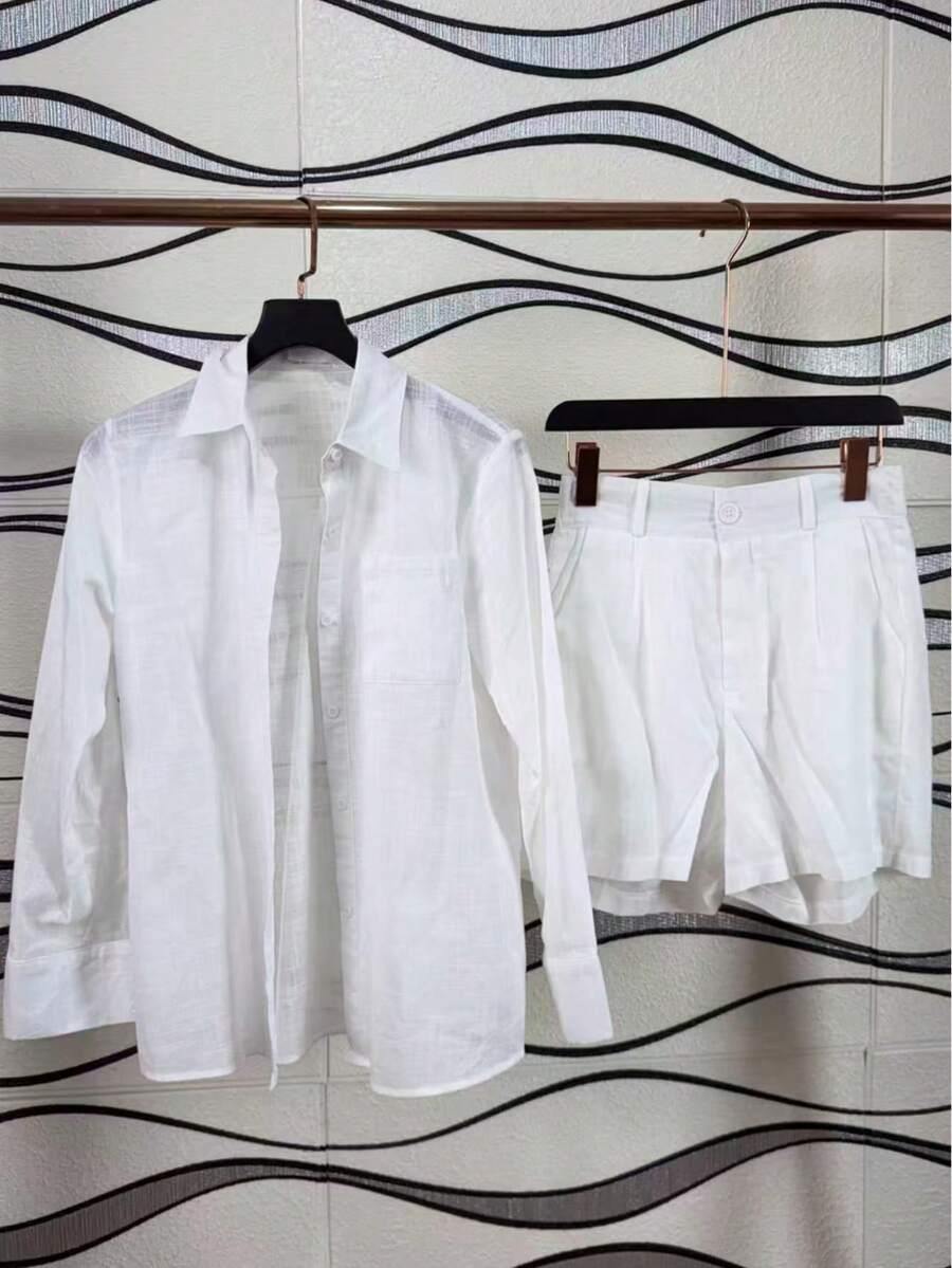 Linen Shirt And Shorts Set (2 Pieces) - White With Pockets - View 1