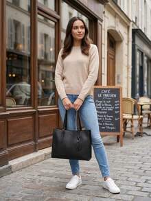 Bolsa Feminina Grande Capacidade Tote Elegante Impermeável Couro Sintético Trabalho Escritório Dia a Dia Casual Alça Ajustável Resistente Moda - Preto - Visão 3