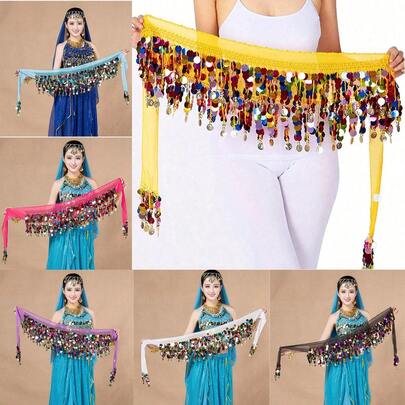 1pc Belly Dance Outfit With Glitter Sequins And Tassel Sequin Skirts, Fashionable Dancing Waist Belt Dance Costume In Saree Sari Style For Rave Carnival Performance. Suitable For Festivals, Parties, Nightclubs, Beach Wear, Exotic Clothing Decoration, Bohemian, Retro Style.
