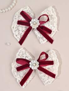 2pcs White Lace Hair Clips, Faux Pearl Hair Pins, Suitable For Girls, Wedding, Theme Party Gifts - Multicolor - View 1