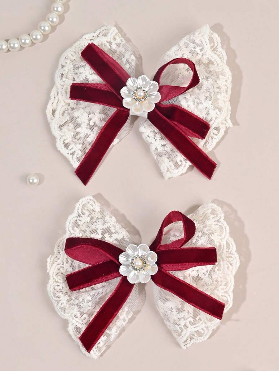 2pcs White Lace Hair Clips, Faux Pearl Hair Pins, Suitable For Girls, Wedding, Theme Party Gifts - Multicolor - View 1