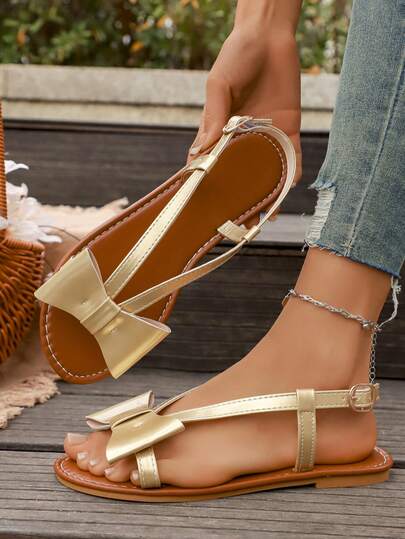 1双时尚蝴蝶结平底凉鞋，单带百搭沙滩鞋，甜美蝴蝶结凉鞋，软底舒适欧美风单带凉鞋