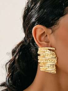 1 Pair Vintage Asymmetrical Crinkle Texture Geometric Earrings, Creative Versatile Earrings - Yellow Gold - View 5