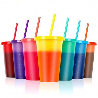 10 / 20 Vasos que Cambian de Color con Frío 710 ml, Vasos con Tapa y Popote Reutilizable de Plástico PP, Vasos para Bebidas Frías, Fiestas, Oficina y Hogar