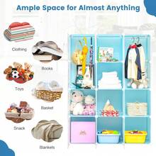 COSTWAY Portable Children Wardrobe With 12 Cubes And 2 Clothes Hanging Section, Blue - Blue - View 9