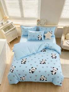 Panda Pattern Cotton Duvet Cover Set – 70% Cotton, Made In Turkey - Baby Blue - View 3
