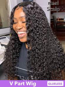 Tóc giả chữ V bằng tóc thật, kiểu xoăn gợn sóng, nâng cấp, không cần keo dán, kẹp vào, không cần để lộ tóc thật, không cần keo, không cần may, thân thiện với người mới bắt đầu, chiều dài 8-24 26 28 30 inch, tóc giả chữ V bằng tóc thật, mật độ 180%, kiểu xoăn tít. - Natural Black - Xem 2