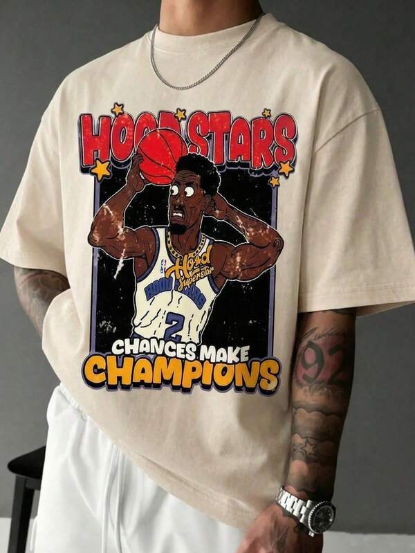 男士复古篮球运动员图案印花休闲宽松圆领T恤，舒适透气，适合夏季穿着