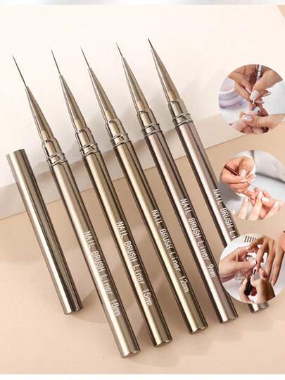 5-Piece Nail Liner Brush Set DIY Painting Floral Line Stripe Pen Sizes 6/9/12/15/18mm Metal Handle Nail Art Pen With Cap