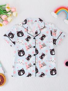 Bộ đồ ngủ 2 món cho bé gái, in hình mèo hoạt hình, áo cardigan cổ polo tay ngắn và quần short, chống cháy, phù hợp mọi mùa. - Nhiều màu - Xem 3