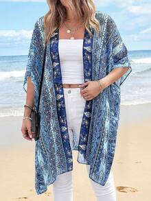 Summer Kimonos For Women Boho Floral Short Sleeve Flowy Cardigans Swimsuit Beach Cover Ups For Women - Bản in màu xanh - Xem 5