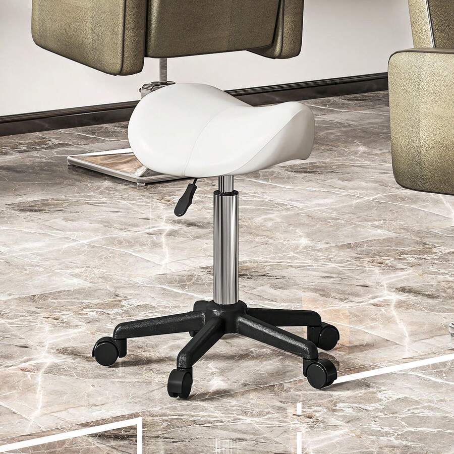 HOMCOM Saddle Stool, PU Leather Rolling Stool With Wheels, Adjustable Salon Chair For Kitchen, Salon Spa, Bar, Home Office, Massage, White - White - View 1