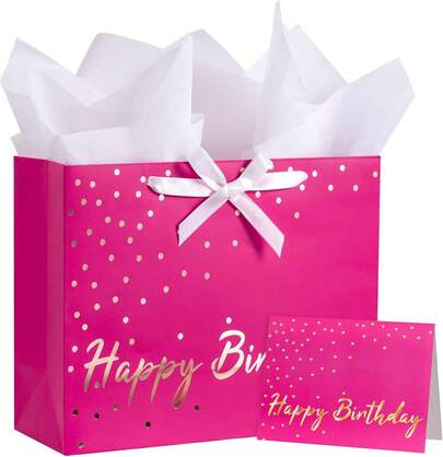 13 Pink Birthday Gift Bags Pink Gold Foil Dots Design Includes Tissue Paper Card Girls Birthday Party Supplies