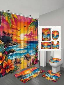 1/4 Piece Bathroom Set, Hibiscus Flower, Seashell, Sea Turtle, Tropical Plants, Ocean, Coastal Blue Green Yellow Pink Shower Curtain, Machine Washable For Summer, Bathroom Use, Includes 12 Hooks, Non-Slip Bath Mat, U-Shaped Toilet Lid Cover - A - View 10