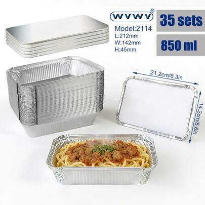 35个装，850毫升带盖铝箔容器，多用途烘焙托盘，适用于烘焙面包、烧烤、加热、备餐和剩菜储存，是餐厅、野餐、家庭聚会、节日派对的理想之选