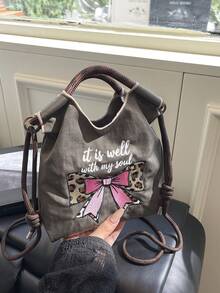 1pc Women's Handbag, Detachable Shoulder Strap, Multi-Color Nylon + Leopard Bow Embroidery + Drawstring Design, Nylon Material, Mini Tote Shoulder Crossbody, Drawstring Closure, Sweet & Cool Girl Style Bucket Bag, Suitable For Daily, Commute, Casual, Date - Multicolor - View 15