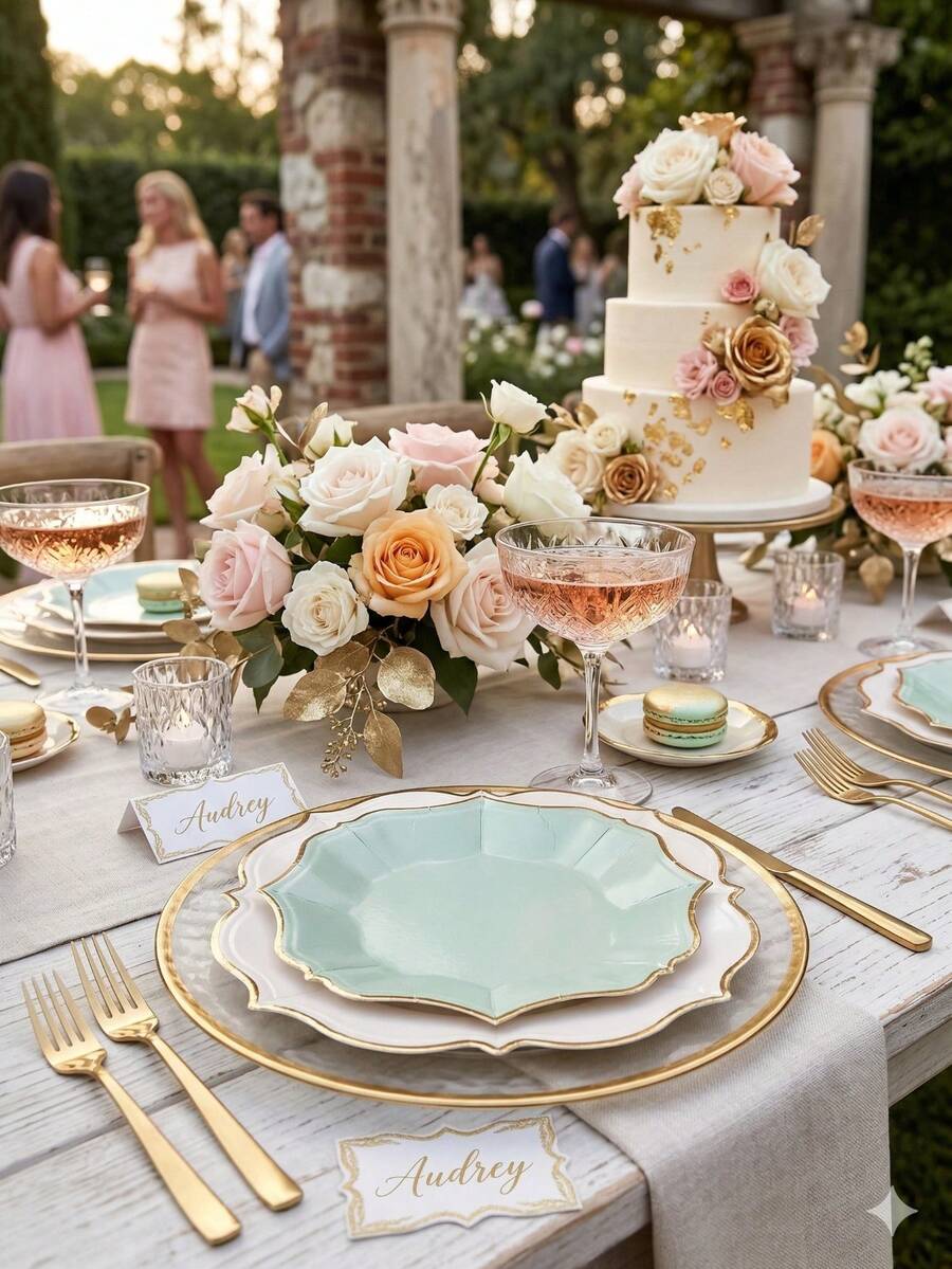 40pcs Mint Green & White Disposable Paper Plates, 7-Inch Sage Green Dessert Plates (20pcs) And 9-Inch White Lunch Plates (20pcs) With Gold Rim, Dining Tableware For Birthday Wedding Party, Wavy Edged Paper Plates
