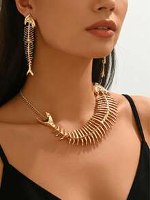 2 Stück/Set Damen übertriebener Ozean-Urlaubsstil Metallknochen-Fisch Halskette & Ohrringe Set, geeignet für Streetstyle und Gothik-Stil - Gold - Übersicht 4