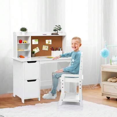 Conjunto de escritorio y silla de estudio infantil con estantería, tablón de anuncios y armarios – Tocador de madera para niños y niñas de 3 a 8 años – Ideal para el dormitorio o la sala de juegos.