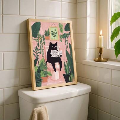 1幅趣味浴室帆布海报，猫咪读报图案，厕所帆布墙画，复古猫咪图案，极繁主义墙画，浴室装饰画，帆布油画，墙面装饰礼品，无框