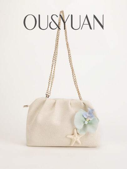 1pc Starfish & Flower Decor Beach Shoulder Bag, Minimalist Multipurpose Beach Tote Bag For Vacation, Casual, Party