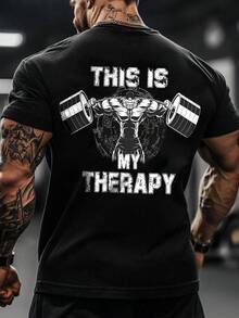 男士極簡主義健身舉重「This Is My Therapy」印花圓領短袖運動T恤，健身房健身穿搭，黑色夏季款 - 黑色 - 查看 1