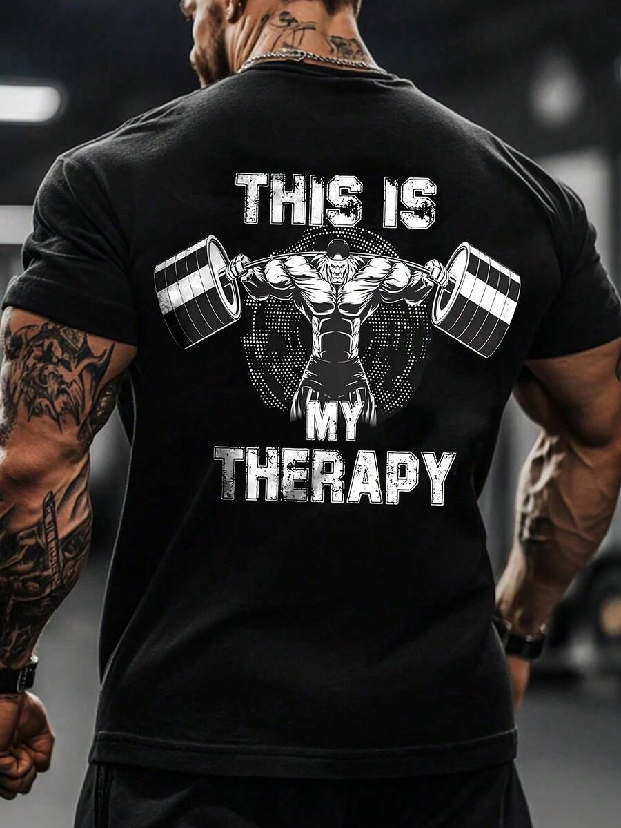 男士極簡主義健身舉重「This Is My Therapy」印花圓領短袖運動T恤,健身房健身穿搭,黑色夏季款 - 黑色 - 查看 1