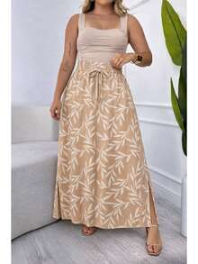 Long, Printed Viscose Skirt, Lined, High Waist With Pockets And Side Slits. - 裸露的白色葉子 - 查看 1