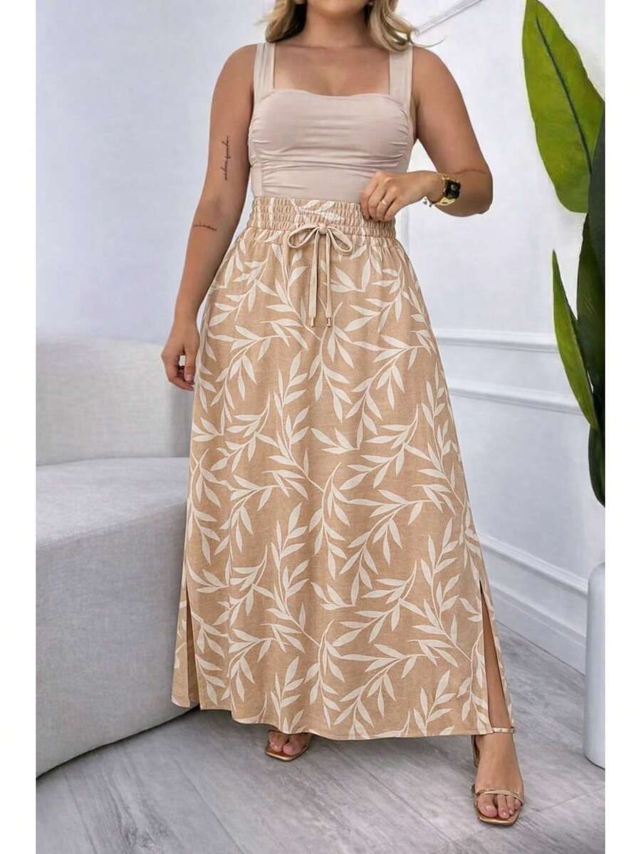 Long, Printed Viscose Skirt, Lined, High Waist With Pockets And Side Slits. - 裸露的白色葉子 - 查看 1