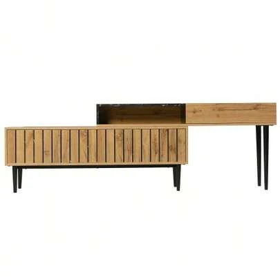 Moderner TV-Ständer Mit Marmor- Und Holzmaserungsdesign, PVC-Kante, Eisenbeinen, Dunkle Holzfarbe, Heimdekoration, Platzsparend, Langlebig Und Langlebig