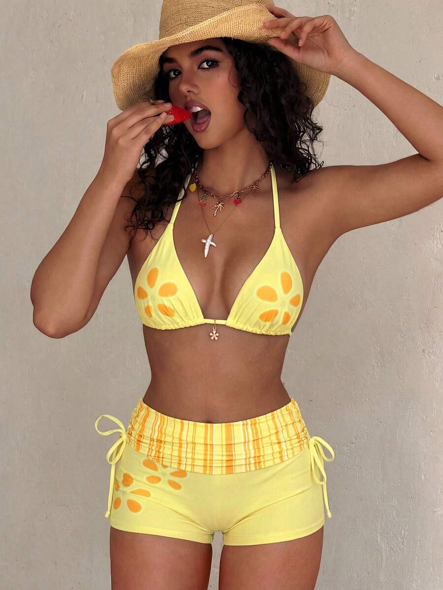 PEPPERMOLLY Bộ bikini 2 mảnh in hoa màu đỏ đậm bán chạy nhất mùa Xuân/Hè 2026, chất liệu co giãn, thiết kế gợi cảm và thời trang, mặt hàng bán chạy nhất cho kỳ nghỉ biển của nữ. - Màu vàng - Xem 1